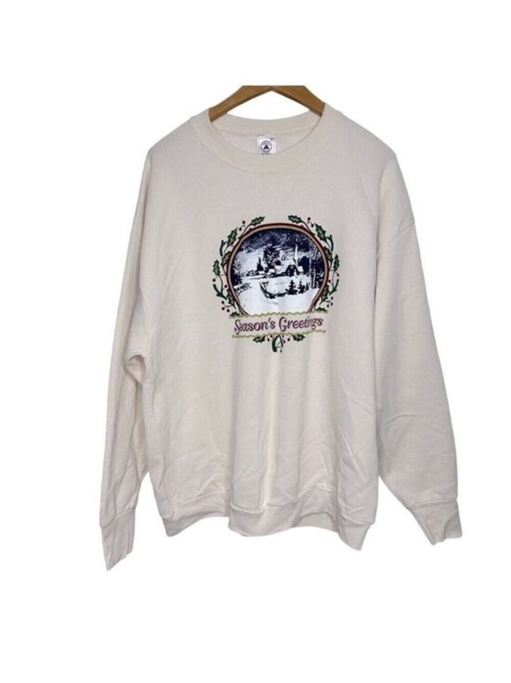Delta Season’s Greetings Holly Snow Scene‎ Long Sleeve Cream Sweatshirt Size XL